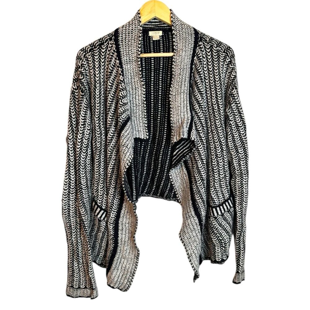 J Crew Black White Chunky Knit Open Cardigan Sweater Wool Blend Medium Draped